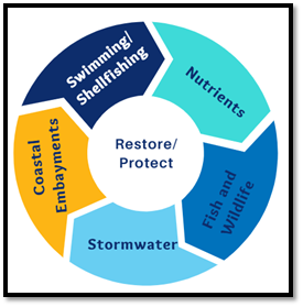 diagram of topics that were chosen for IWPM1.Restoration and Protection Plans for Swimming and shellfishing,Nutrients in Lakes and Embayments, Fish and Wildlife health
