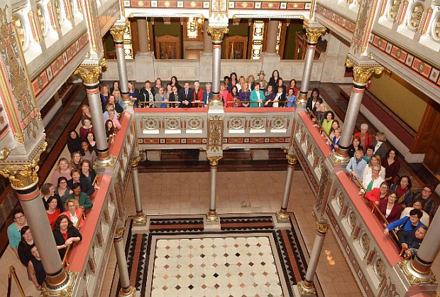 To commemorate International Women’s Day, Governor Malloy and Lt. Governor Nancy Wyman (center) pose for a photo with many of the female staff and appointed officials who work within the Malloy administration. (March 7, 2017)